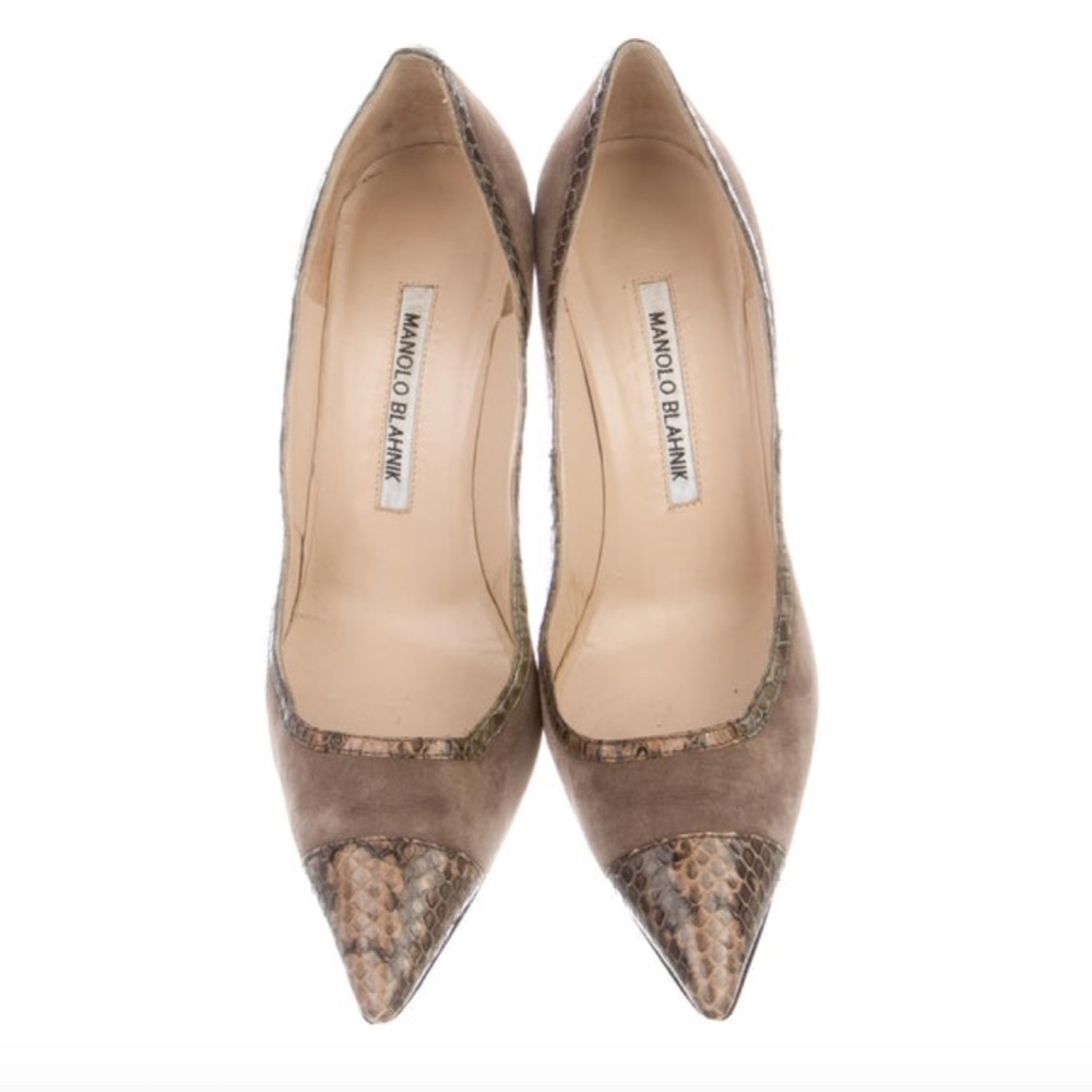 Manolo Blahnik Bipunta Suede Snakeskin Cap Toe Pumps 36.5